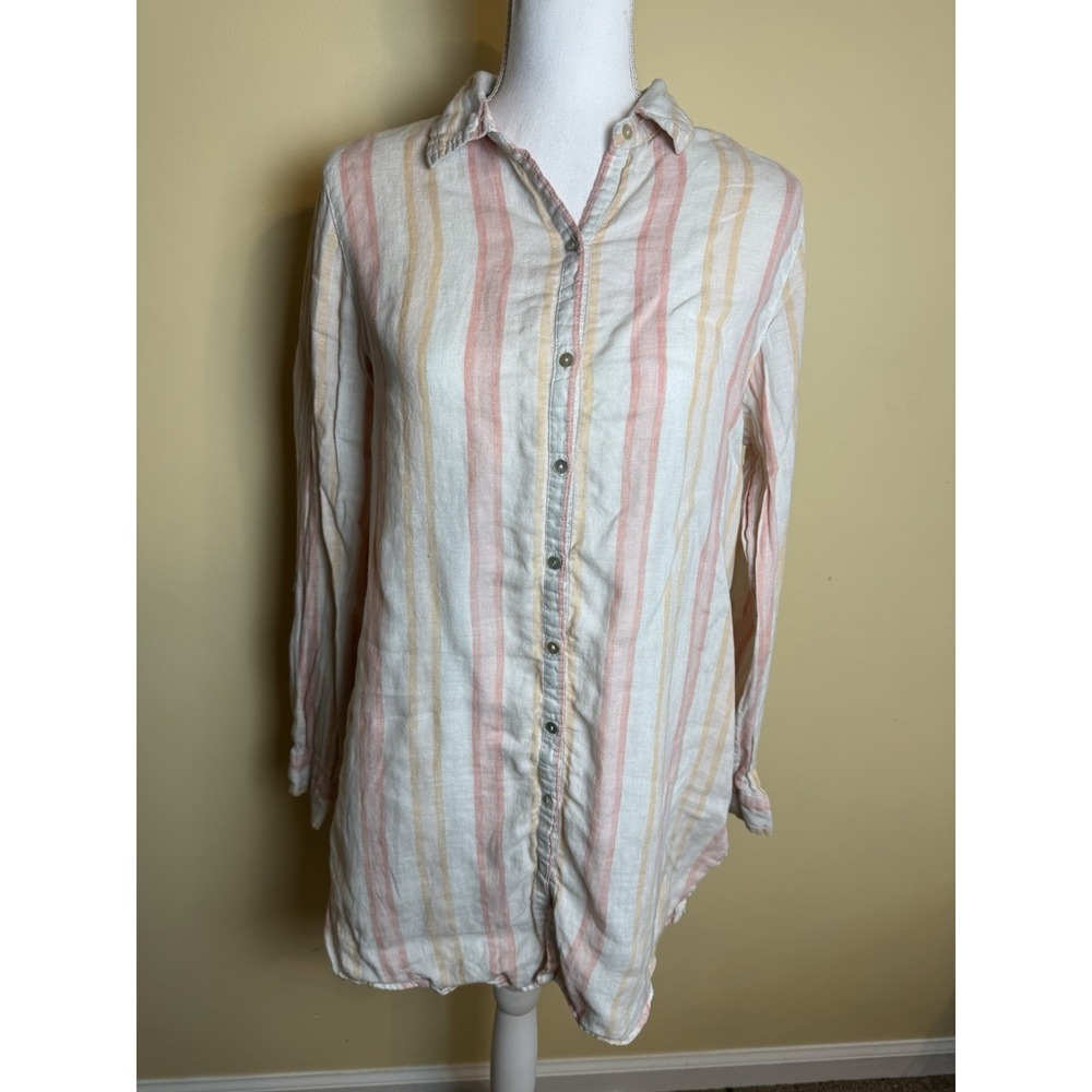 Antibes Blanc Shirt Women's Medium Pink 100% Linen Striped Lightweight